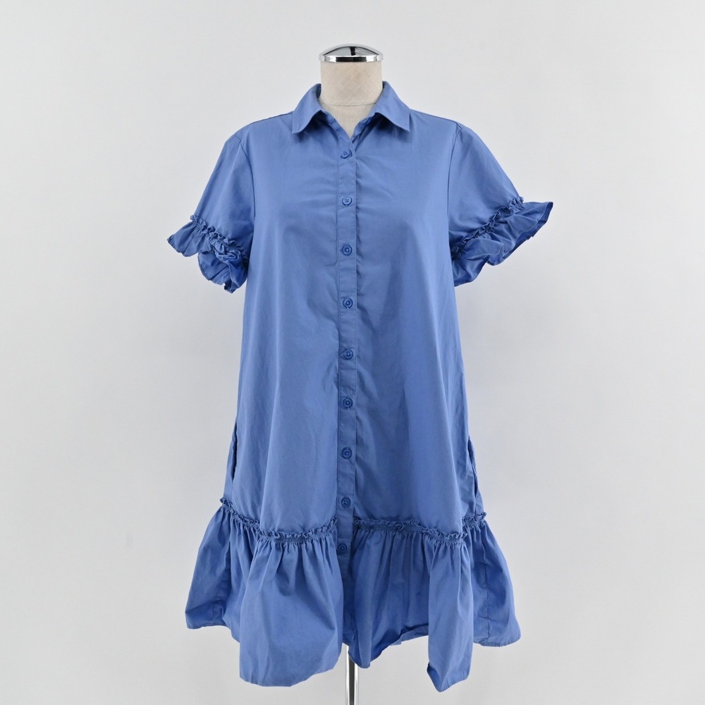 Quince Organic Cotton Tiered Mini Shirt Dress Womens Size S Blue‎ Ruffle Sleeve